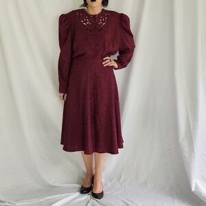 80s/90s Burgundy Puff Sleeve Skirt Set‎